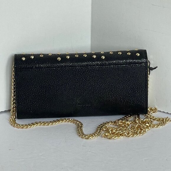 Brian Atwood Clutch Chain Wallet Small Black Leather Crossbody Gold Studded